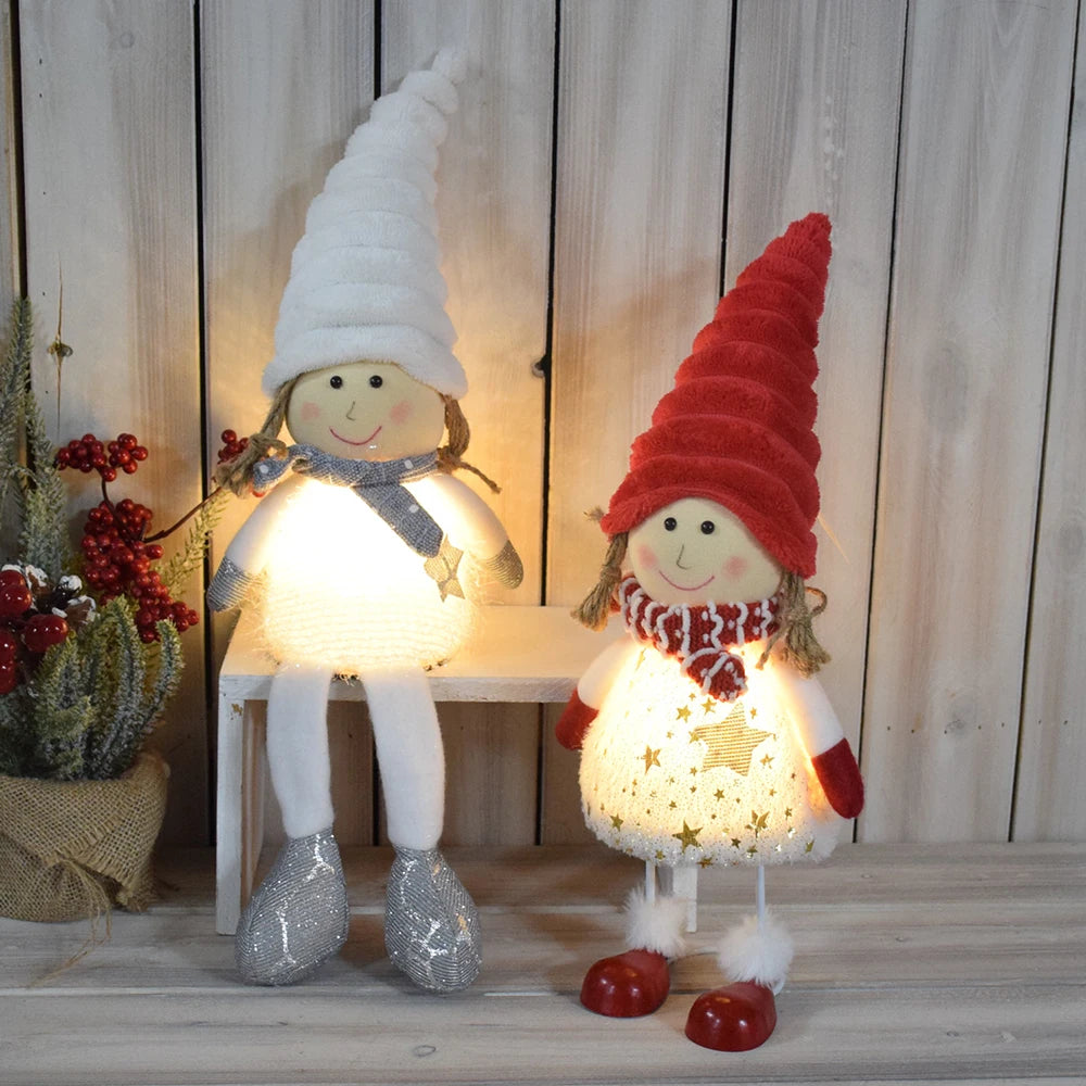 Newest 2026 Xmas Light up Ornaments Holiday Natal Decor Lovely Plush White Animated Christmas Dolls with LED Light