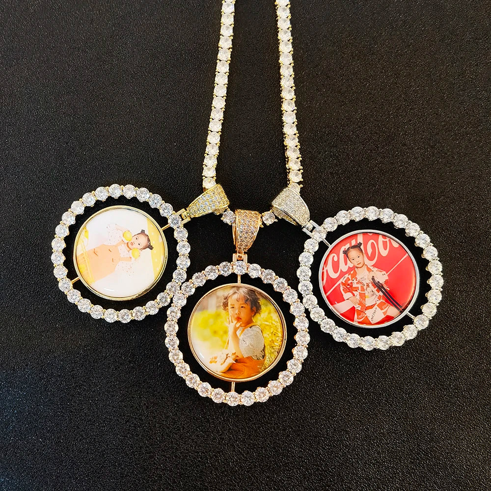 Hip Hop Memory Photo DIY Rotating Double Sided Pendant Micro Inlaid Zircon Trendy Round Pendant