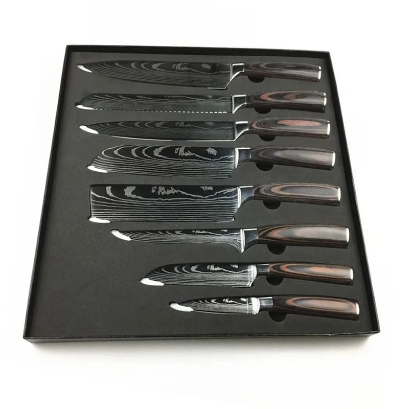 Wholesale Modern Japanese Kitchen Knife Set 9pcs Stainless Steel Santoku Paring Bread Nakiri Sharp Wooden Boning Ambidextrous