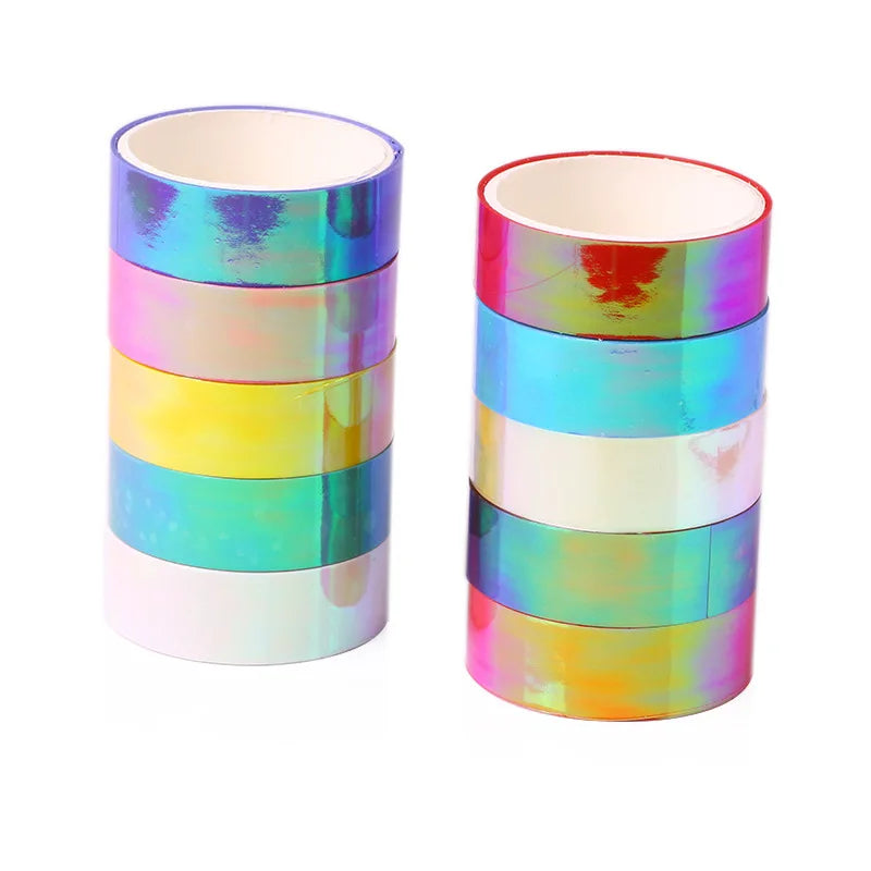 10 Pcs 15mm Rainbow Laser Acrylic Adhesive Washi Tape Glitter Stationery Scrapbooking Decorative DIY Masking Tape