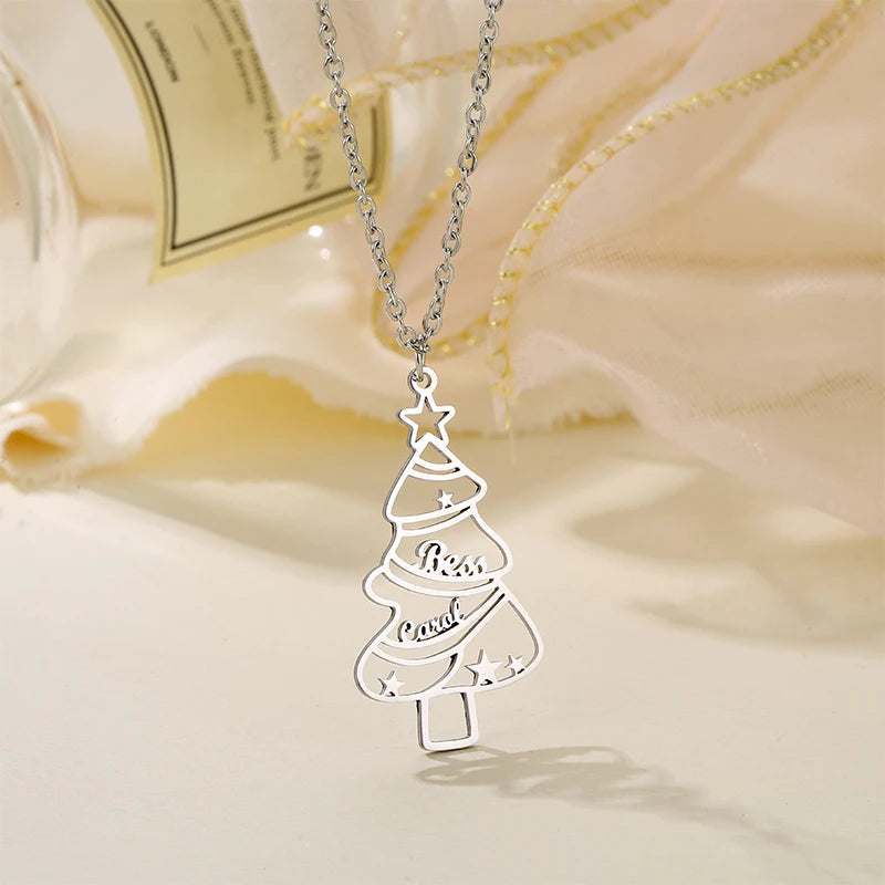 Custom Cut Hollow Christmas Tree Name Necklace Stainless Steel Zircon 18K Gold Plated Snake Chain Minimalist Gift Pendant