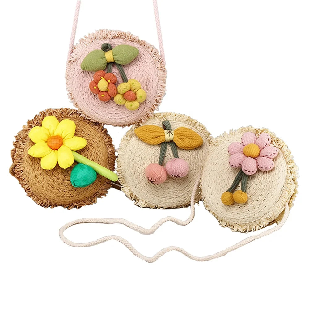 Women's Bohemian Floral Open-Closure Summer Beach Shoulder Bag Cute Natural Straw Clutch with Wallets Girls' Handbag
