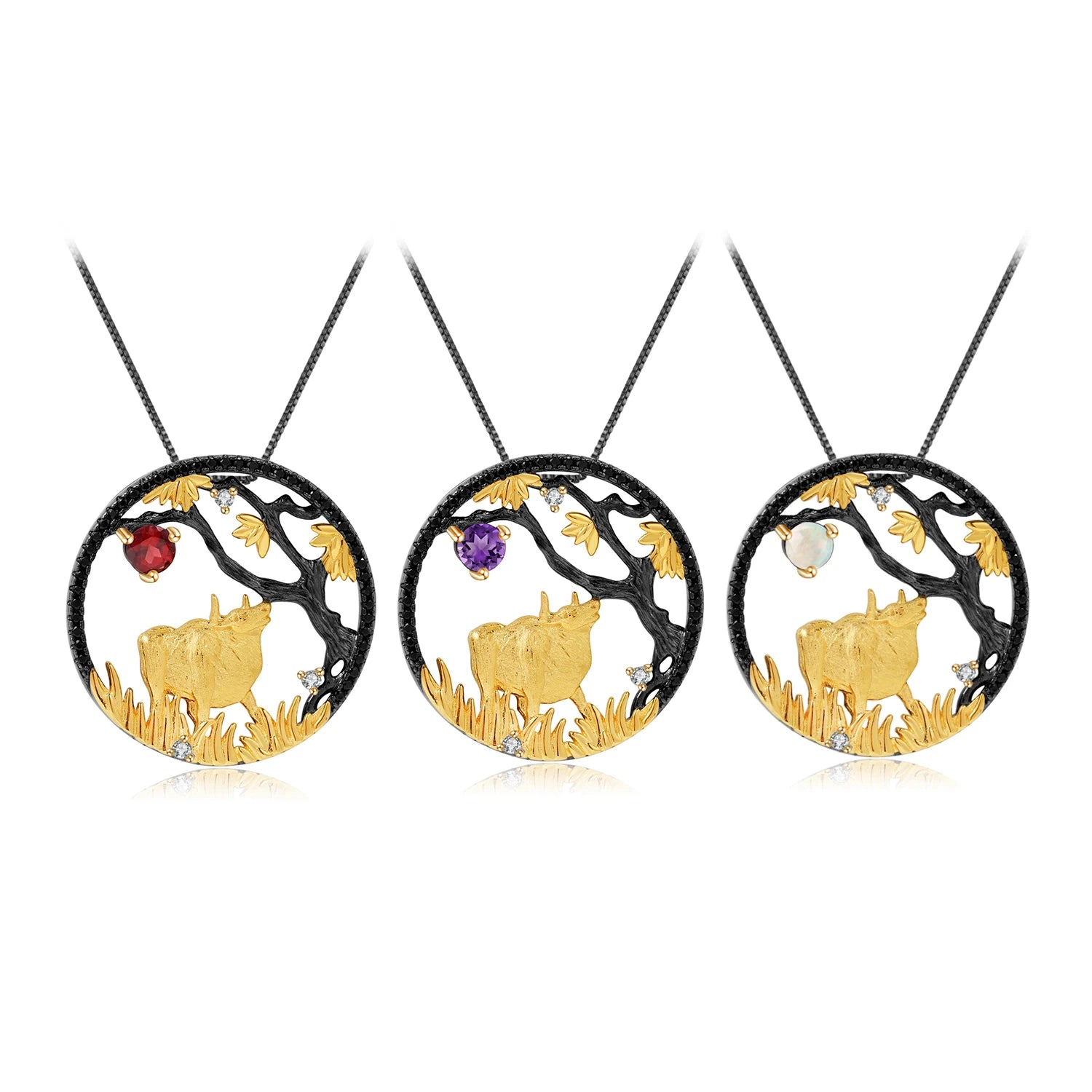 OX Designer Series Chinese 12 Zodiac Jewelry 925 Sterling Silver Natural Gemstone OX Animal Pendant Necklace
