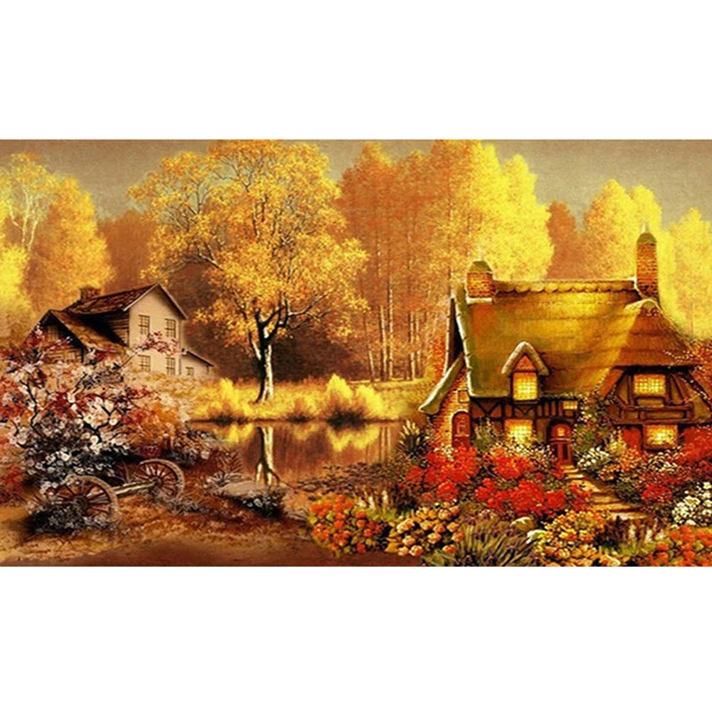 Wholesale 5d Diy Diamond Painting Autumn Golden Woods and River Houses Mosaic Diamond Embroidery Decoration Home Handicrafts