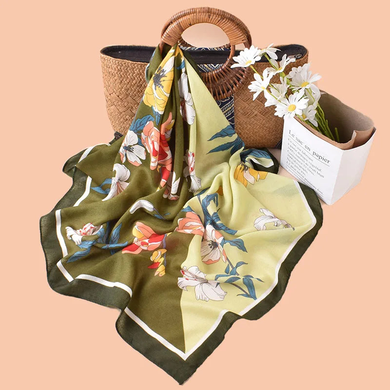 Factory Wholesale Custom New 90cm Square Scarf New Cotton Lined Floral Print Headscarf Muslim Hijabs Women Bandannas Polyester