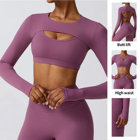 MIQI Custom 3 PCS Long Sleeve Yoga Top Sets Women Workout Leggings Wear Active Apparel Yoga Gym Fitness Sets