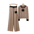 Elegant Camellia Knit Two-piece Sports Casual Wide-leg Pants Simple Knit Embroidery Top Fashion Set