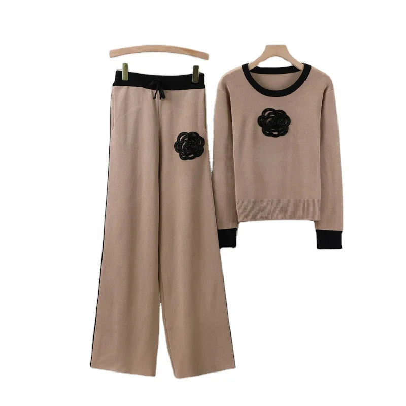 Elegant Camellia Knit Two-piece Sports Casual Wide-leg Pants Simple Knit Embroidery Top Fashion Set