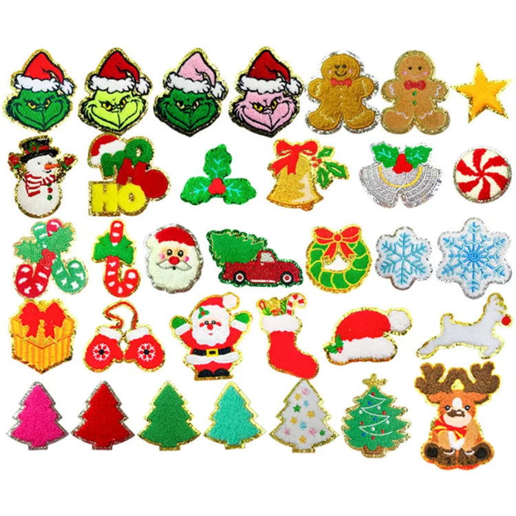 Christmas Design Embroidered Patch Iron on Gold/Sliver Edge Snowflake Santa Reindeer Gingerbread Man Christmas Chenille Patches