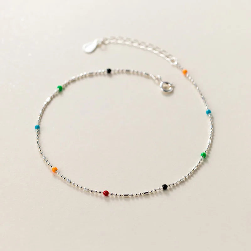 Korean Style 925 Sterling Silver Summer Foot Jewely Anklet Rainbow Beads Anklets for Women Girls
