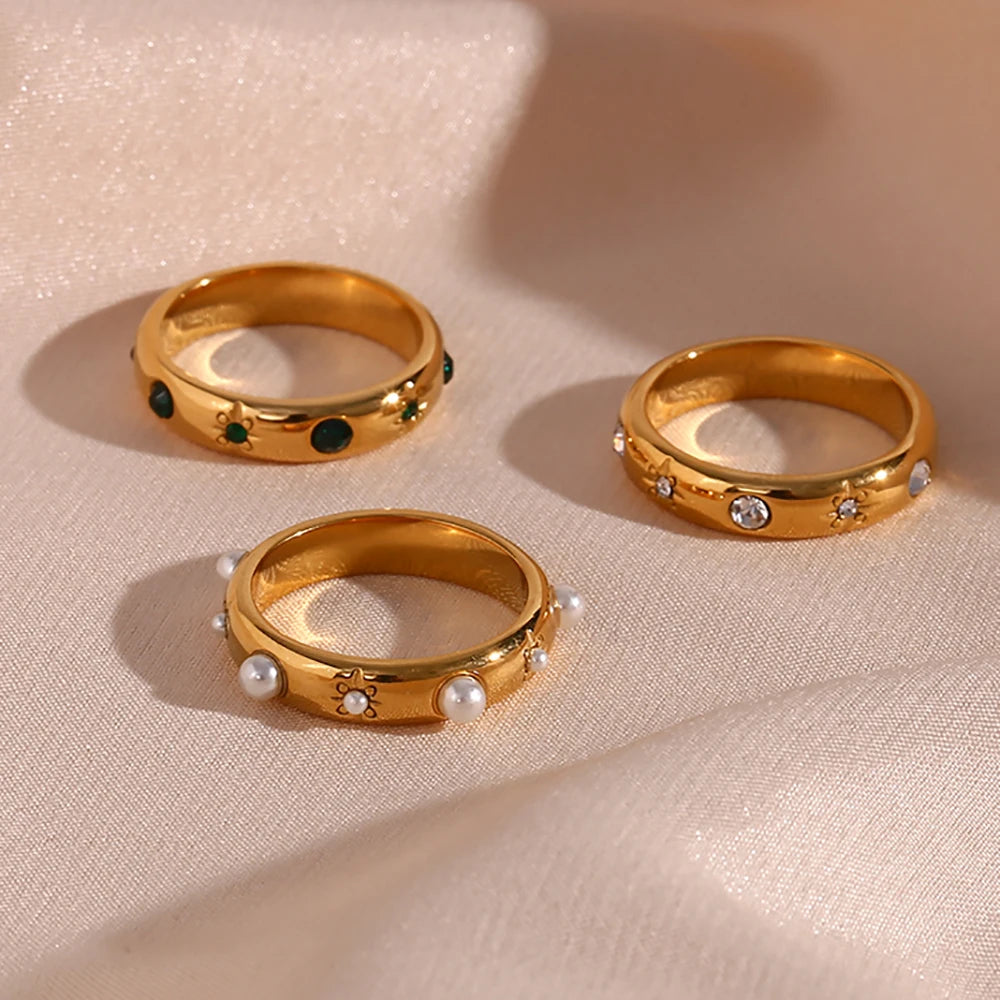 Drop Ship Product Zircon Pearl Flower Ring Gold Plated Jewelry Tarnish Free Stainless Steel Jewelry Custom