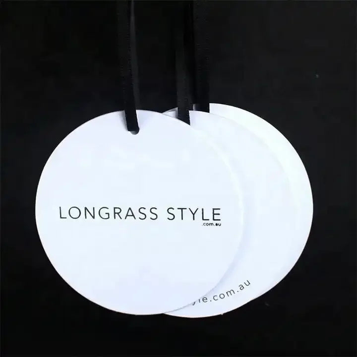 Wholesale Custom Silver Foil Printed Labels Recycled Paper Clothing Hang Tags With Black Ribbons