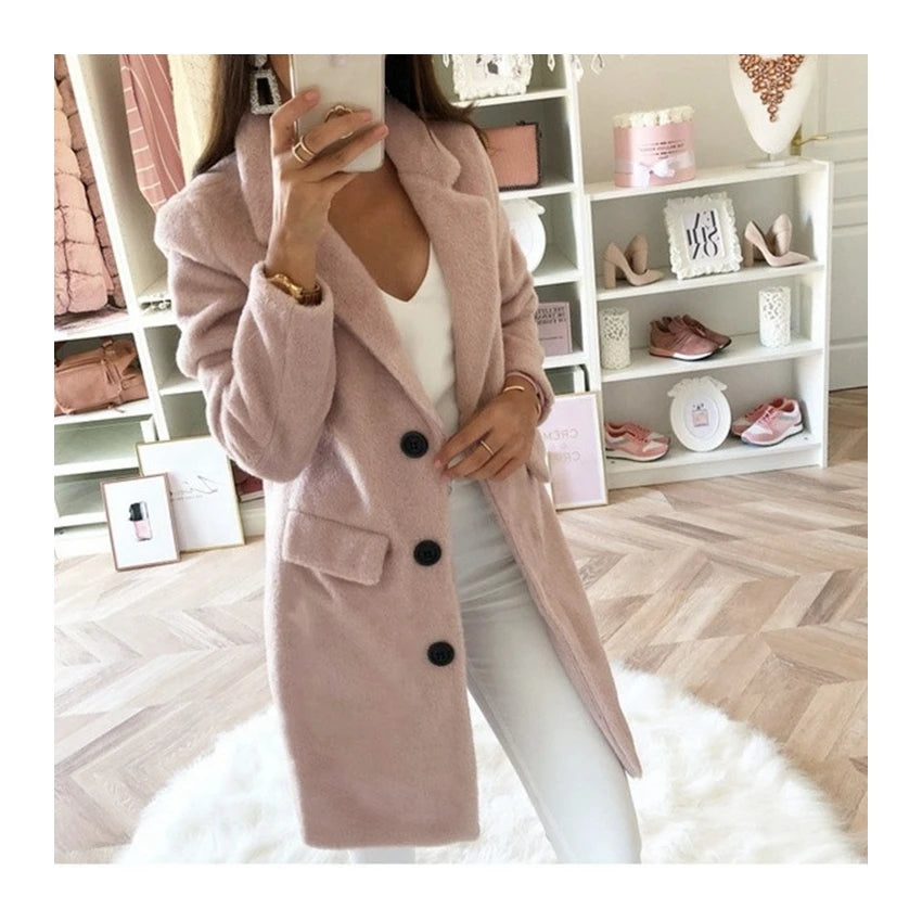 Autumn Winter Women's Eco-Friendly Casual Long Length Woolen Fleece Jacket Solid Color Blazer with Polyester Wadding