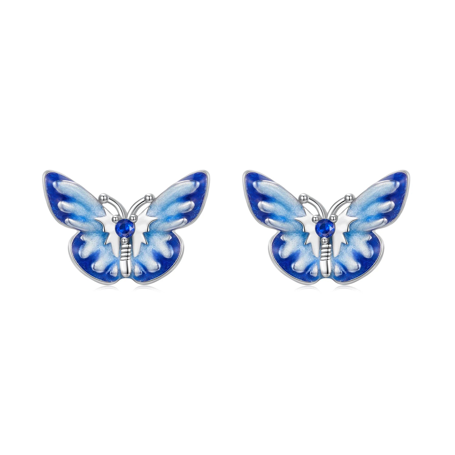 925 Sterling Silver Cute Blue Enamel Butterfly Stud Earrings Hypoallergenic Gold Plated Stud Earrings Fine Jewelry SCE1859
