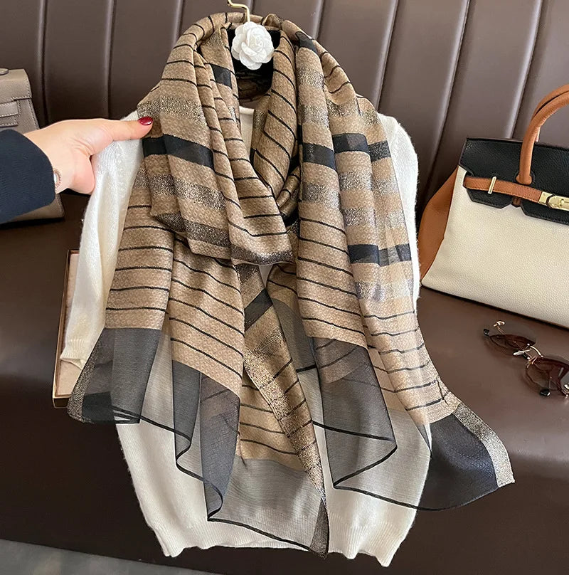New Fashion Striped Pattern Imitation Silk Scarf Wrap Ladies Thin Soft Silk Beach Shawl Plain 80*190CM Silk Shiny Scarves Hijabs