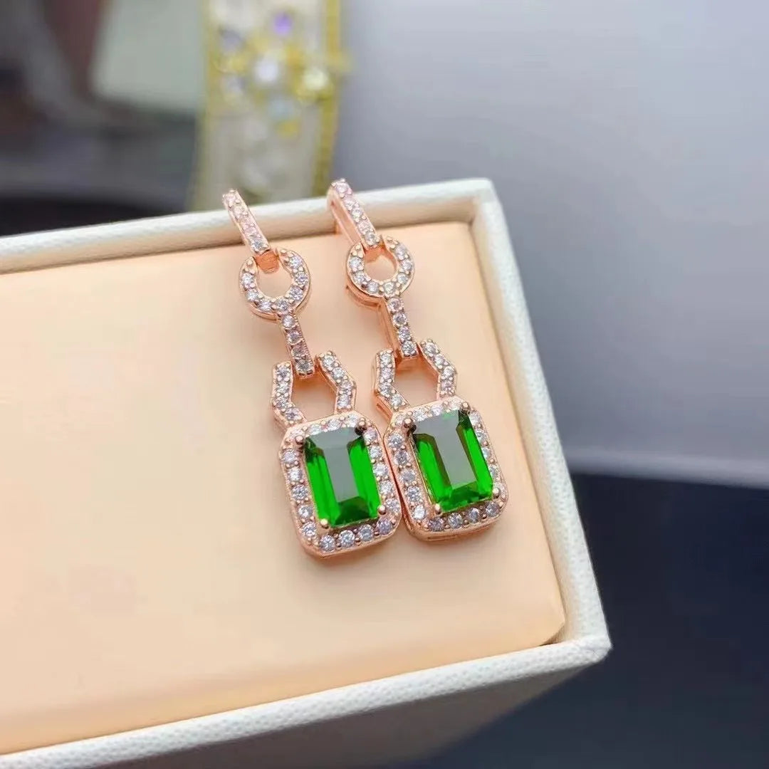 925 Sterling Silver Rose Gold Ear Piercing Studs Novelty Natural Diopside Emerald Cut Earrings for Party or Gift