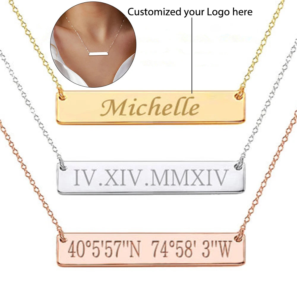 BINSHUO Custom Personalised Stainless Steel Womens Necklaces Sets Engravable Blank Rose Gold Plated Jewelry Pendant Bar Necklace