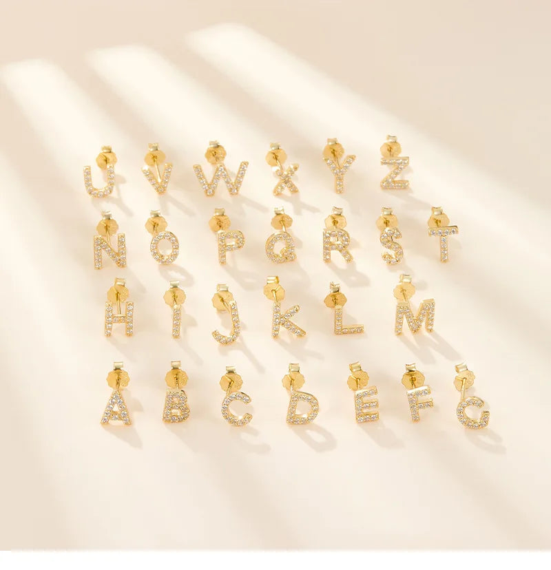 Trending Zirconia Stud Earrings Initials Letter 14k Gold Plated Genuine Sterling Piercing 925 Silver Letter Jewelry