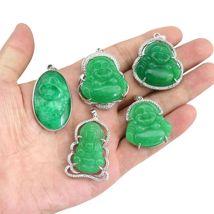 CZ9031 18k Gold Silver Plated CZ Paved Natural Green Jade Stone Laughing Buddha Guanyin Statue Amulet Talisman Buddha Pendant