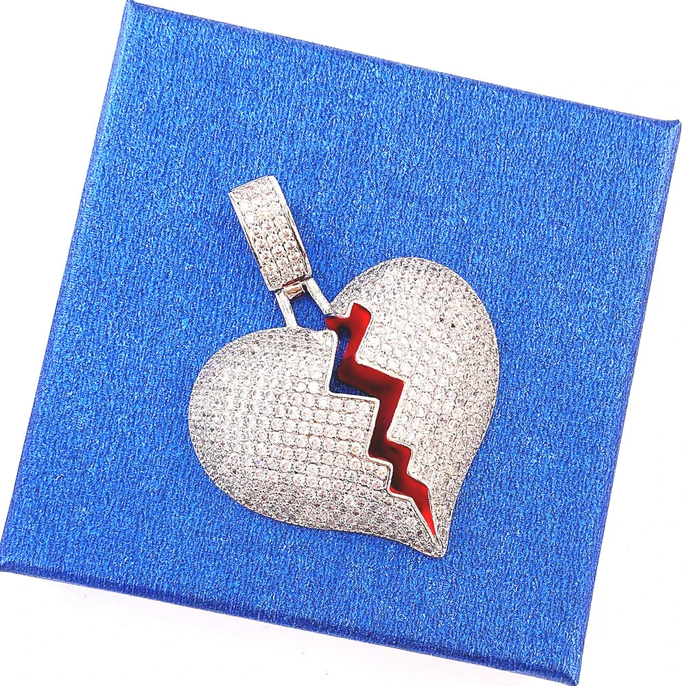 RQ  Gold Color Broken Heart Pendants Necklaces Bling Brass With AAA Zircon Men's Hip Hop Jewelry