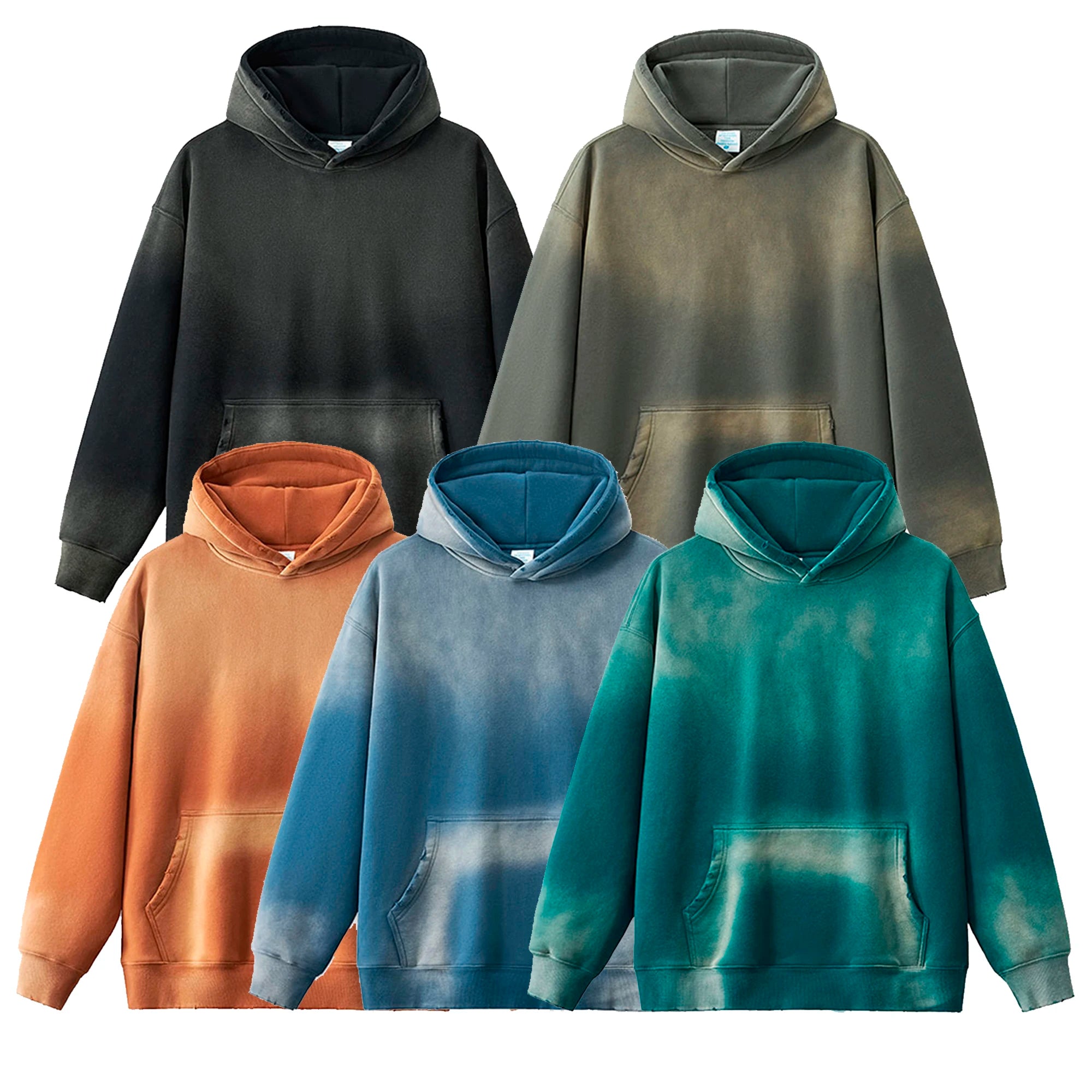 Custom Embroidery Fleece Heavyweight 380gsm Distressed Acid Wash Pullover Streetwear Hoodie Foam Print Sun Faded Washed Hoodie