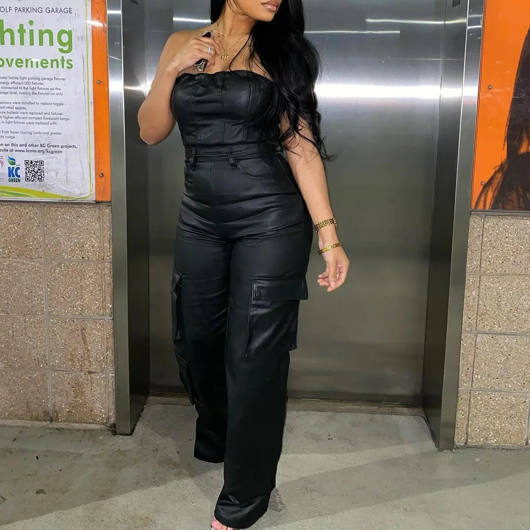 2026 Truen Hot Sale PU Leather Solid Jumpsuit European American Style Formal Off-Shoulder Strapless High Waist Waterproof Quick