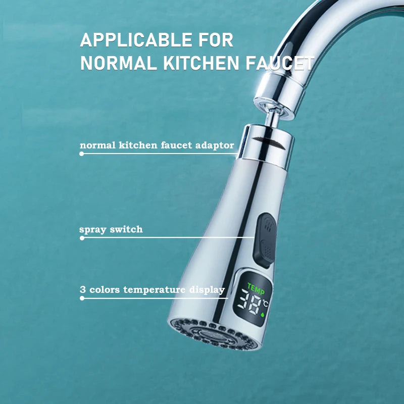 LED Temperature Display 2 Modes Spray Head Replacement Kitchen Faucet Sprayer Spout Adapter Spray Head