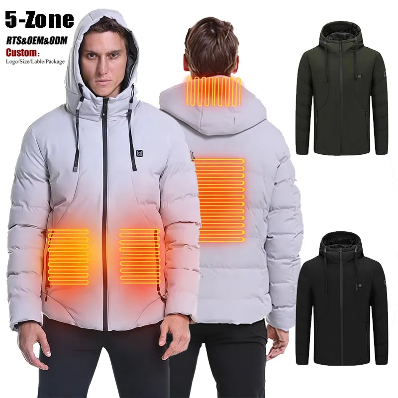 5-Zone Battery Heated Hooded Quilted Jacket Heating Stand Collar Waterproof Windproof USB Rechargeable 3-Level Temperature
