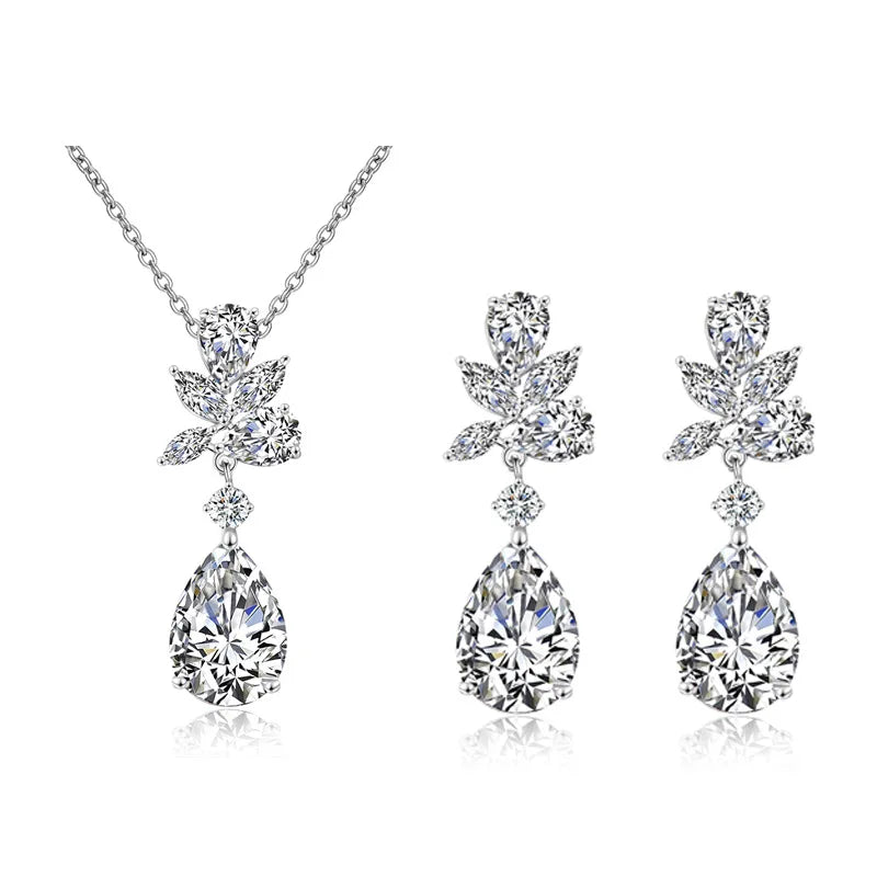 Luxury Bling Full Zircon Diamond Stud Earrings Necklace Set Engagement Wedding Bridal Chain Jewelry Set for Women