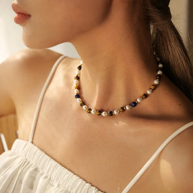 European-style Stainless Steel Lapis Lazuli Beaded Necklaces for Women Fine Jewelry tiger Eye Pearl Necklace