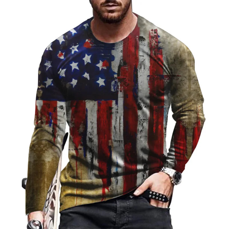 Men's New Summer Vintage Oversized T-Shirt Long-Sleeved Digital Printing 3D Top Compressed Features