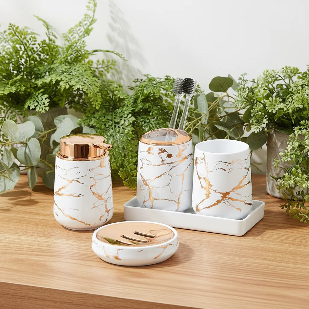 Luxury Eco-Friendly Plastic 5-Piece Bathroom Accessories Set with Soap Dispenser and Storage for Home