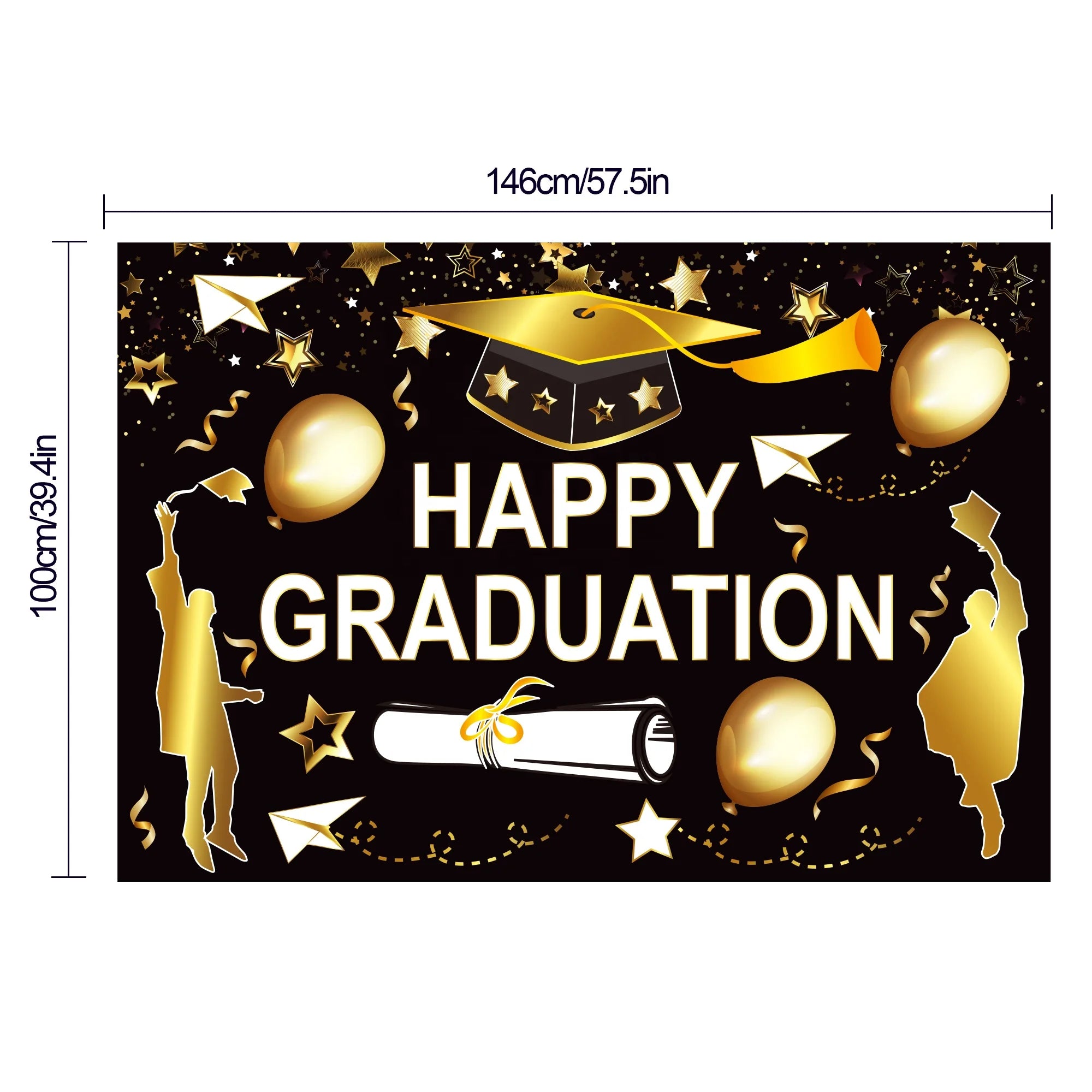 Huancai Happy Graduation Party Backdrop Black Gold Photo Booth Banner Photograph Background for Graduation Party Decorations
