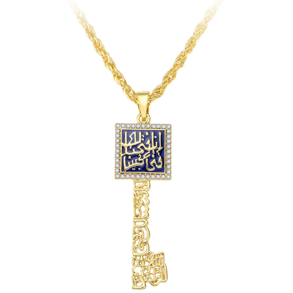 Arabic Scripture Necklace Middle Eastern Jewelry Long Drop Oil Gold Twist Chain Rhinestone Key Necklaces