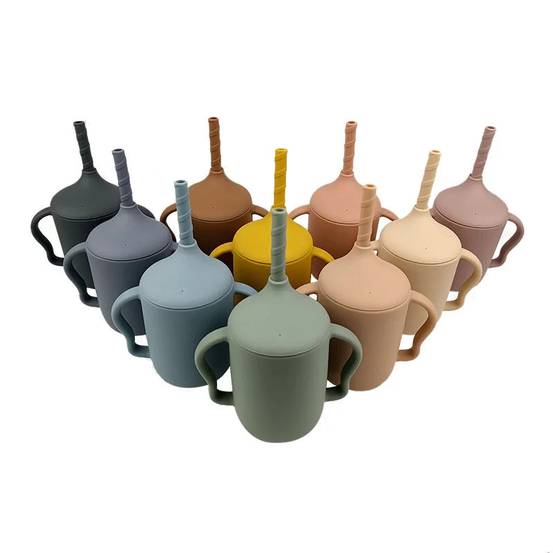 Spill Proof Non-Slip Handles Unbreakable Silicone Training Sippy Cup with Straw for Babies Toddlers