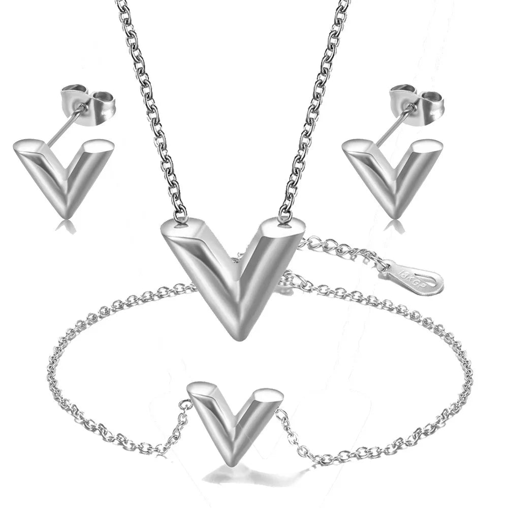 Nabest 3pcs/sets Stainless Steel V Letter Charm Jewelry Sets Necklace Bracelet Earrings Kits