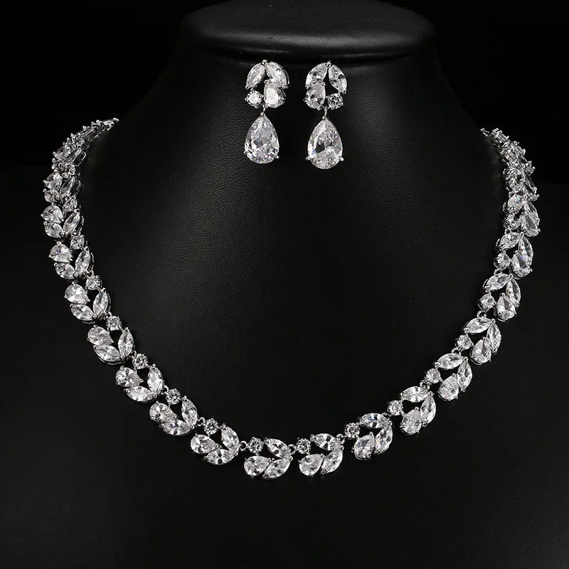 2022 Wholesale Wedding Jewelry Bridal Necklace Earrings Set Shiny Flower Zircon Jewelry Set for Women Girls