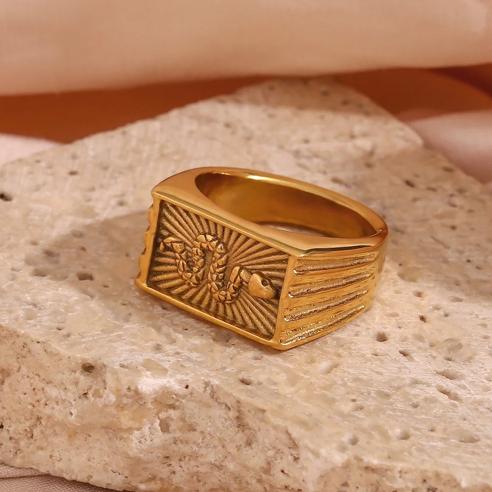 Tarnish Free Engraved Snake Ring Stainless Steel Signet Ring 18k Gold Plated Rings Women Jewelry