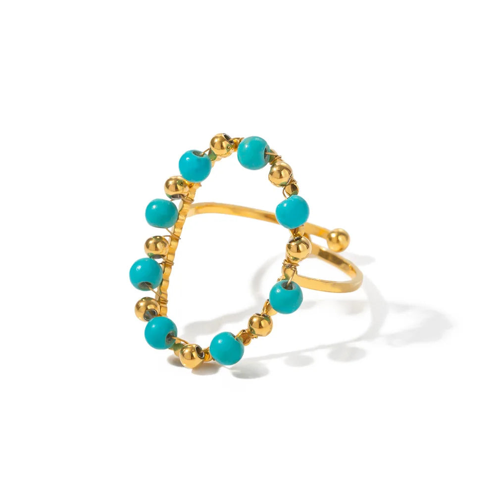 New Joyeria De Acero Inoxidable Vintage Turquoise Beads Rings for Women Open Size Stainless Steel Fashion Rings