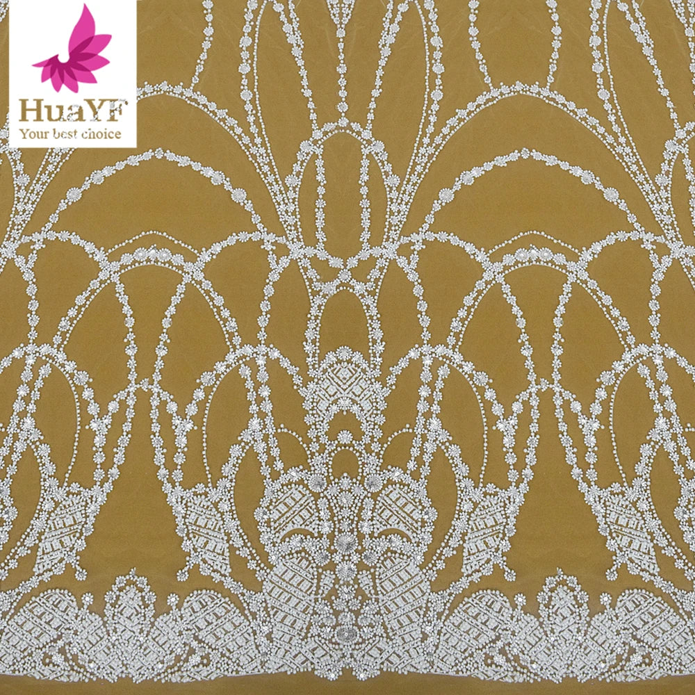 2023 New Luxury Elegant French White Pearls Beaded Sequins Wedding Bridal Lace Dress Fabric Wholesale African HY2355