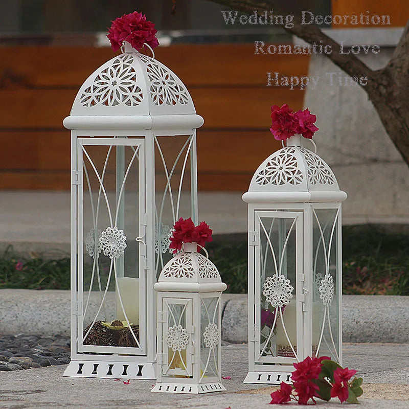 Nordic Iron Art Metal Glass Wind Lamp Romantic and Creative Wedding Lantern Hollowed-out Antique Candlestick Ornaments