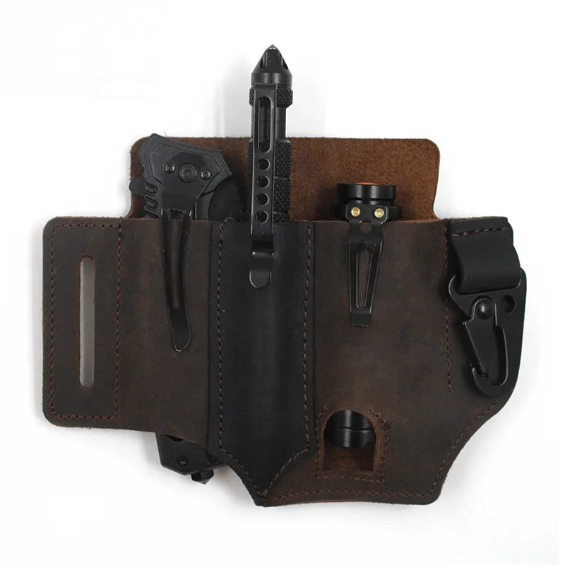 HIBO OEM Multitool Leather Sheath EDC Organizer Knife Pen Mini Flashlight Belt Bag with Key Holder