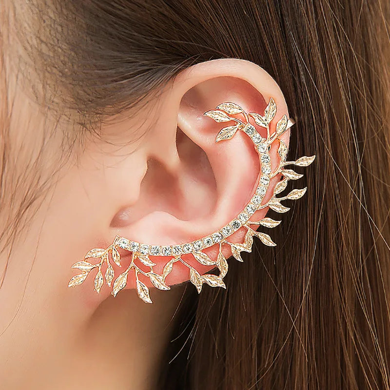 Punk Gothic Gold Plated Rhinestone Leaves Ear Cuff Earring Non Piercing Crystal Leaf Ear Clip on Earrings