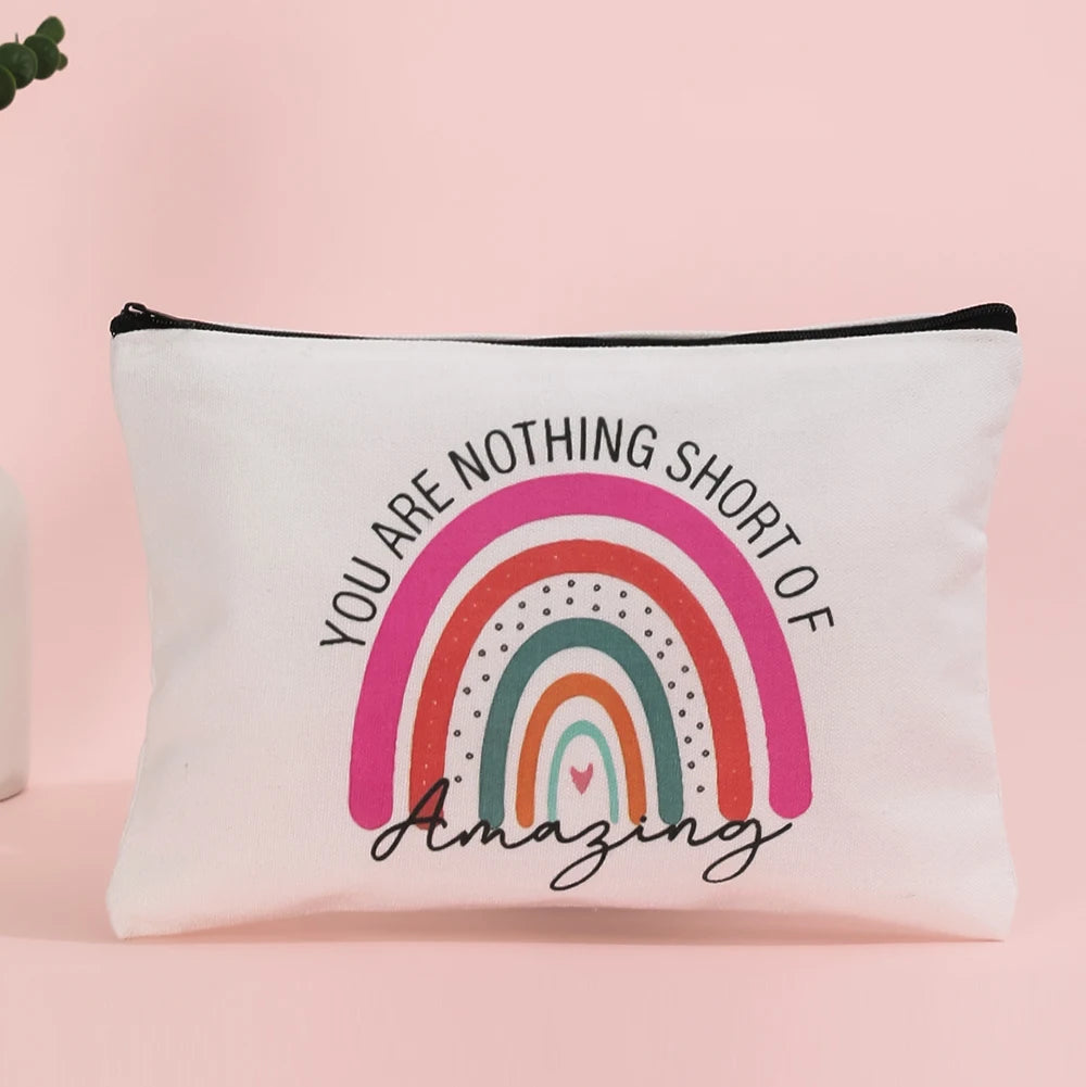 Beautiful Rainbow Pattern Cotton Canvas Cosmetic Bag for Lady Cheap Zippered Makeup Pencil Pochette Girls & Teachers Gift