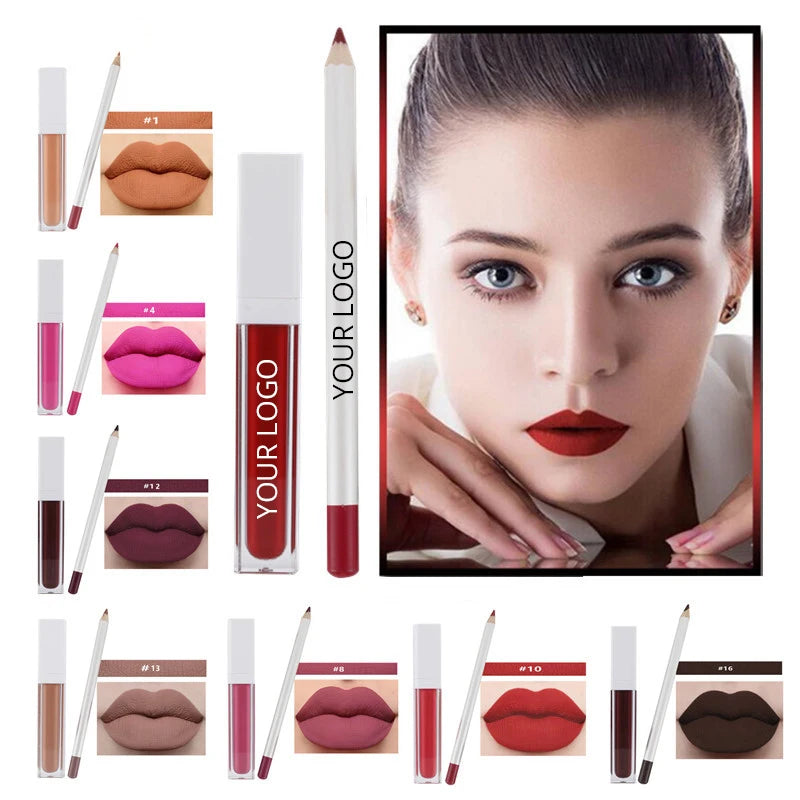 Hot Sale High Pigment Custom Logo Nude Brown Lip Gloss Matte Kit Lip Stick Lip Liner Set Private Label