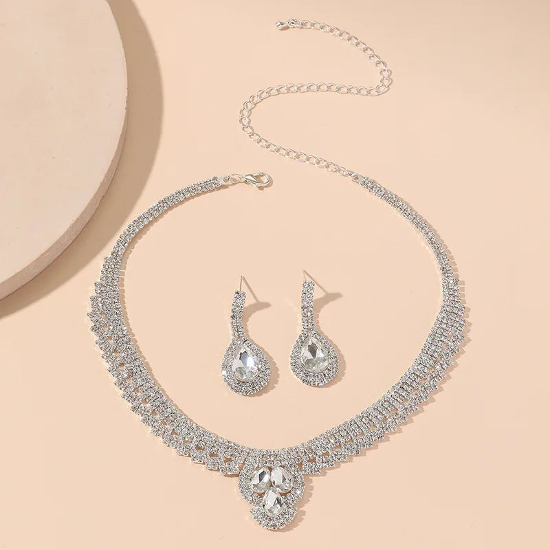 Hot Selling Drop Necklace Earrings Jewelry Set Tennis Rhinestone Jewelry Set Bridal Wedding Jewelry Sets