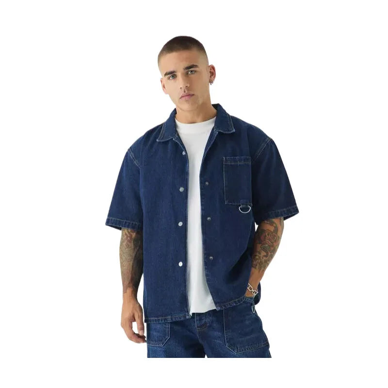 KY Homme Men's Vintage Denim Button-up Shirt 100% Cotton Boxy Fit Short Sleeves Breathable and Sustainable
