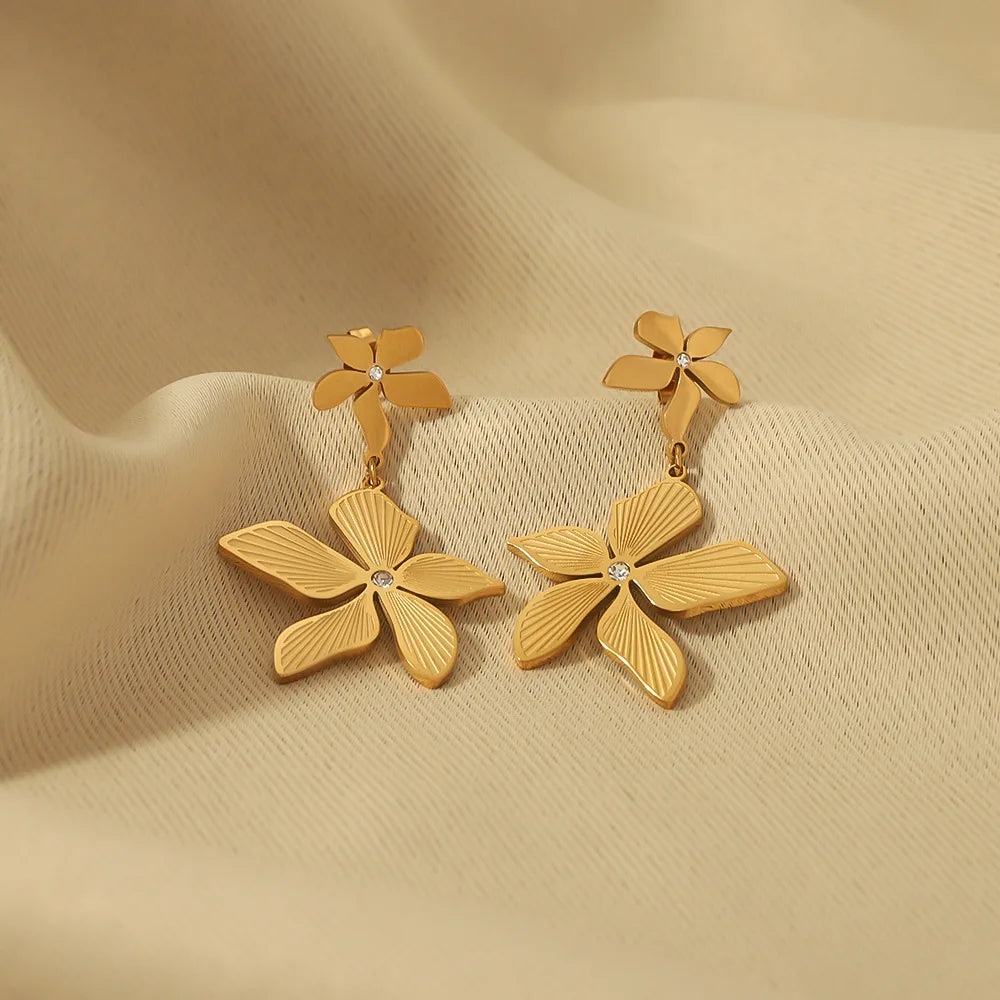2024 New Design Stainless Steel PVD Zircon Earrings 18K Gold Plated Double Flower Dangle Earrings