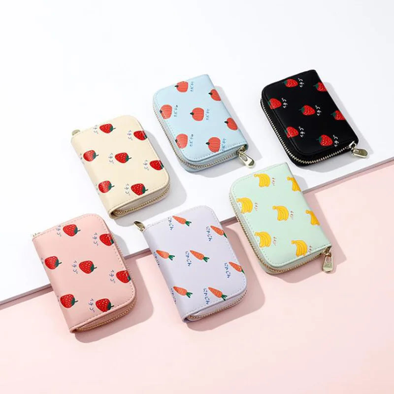 Factory RFID Card Holder Credit Wallet Travel Accessories PU Leather Customized Logo Fruits Pattern