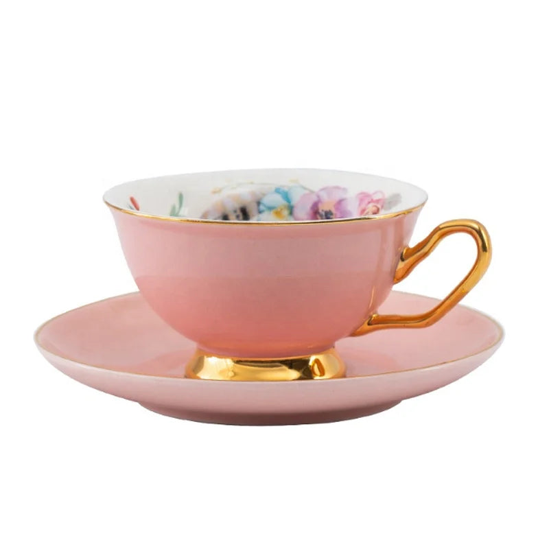 British Luxury Porcelain Floral Tea Cups Golden Handle Bone China Coffee Cup and Saucer Set